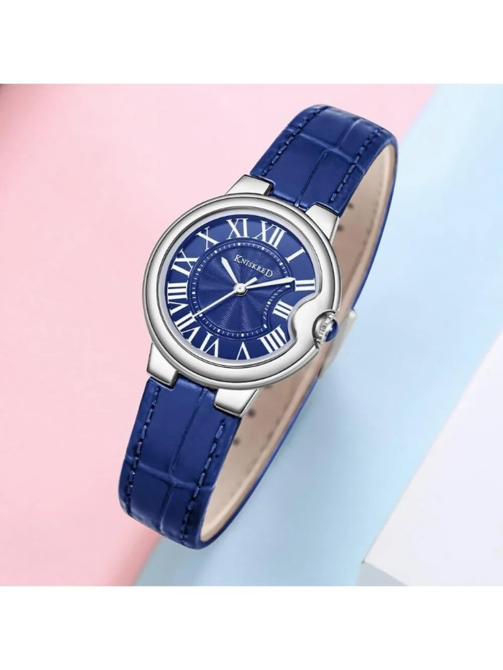 Women's Blue Silver Roman Numerals Solid Vintage Leather Strap Wrist Watches